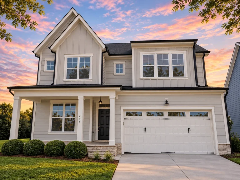 Triplex House Plans 13 Front elevation of a modern farmhouse style two-story home featuring board and batten siding, stone accents, black windows, and a front-entry garage