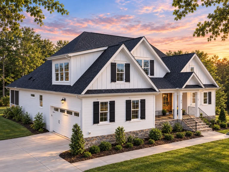 Adobe House Plans 21 Front elevation of a modern farmhouse home with lap siding, board-and-batten gable accents, warm porch lighting, and a welcoming covered entry
