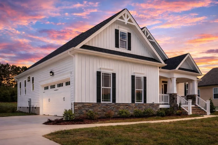 Front exterior view of a Modern Farmhouse Craftsman style home with white board and batten siding, stone foundation accents, black shutters, and a covered front porch