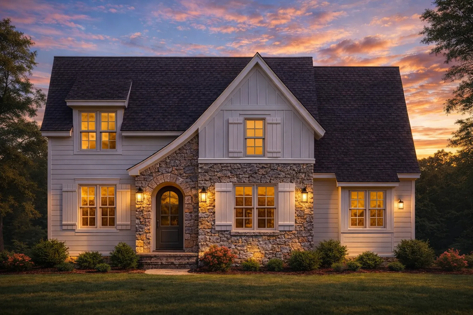Front elevation of a European Cottage style home with stone facade, board and batten siding, green shutters, and steep gabled roof