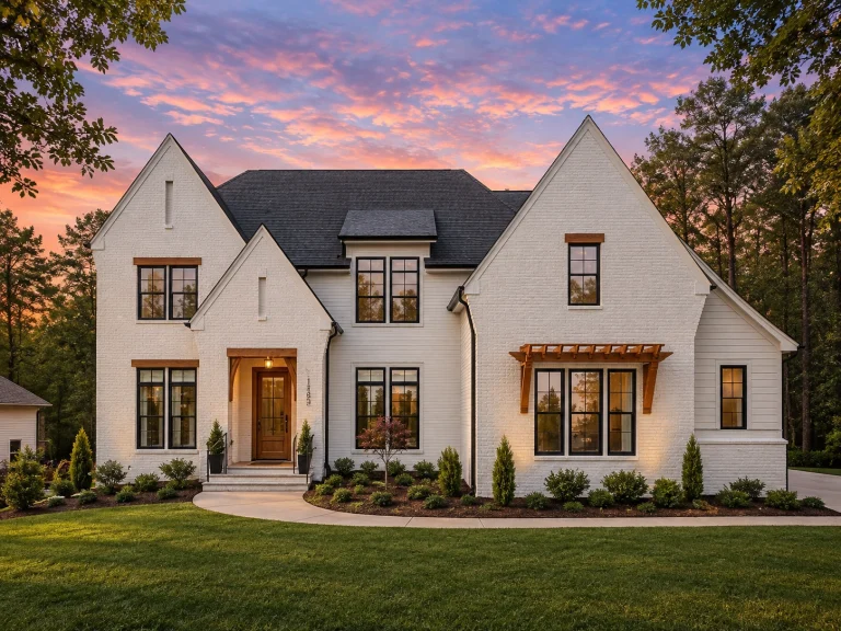 House Plans with Second Floor Laundry Room 2 Front elevation of a New American modern traditional house featuring painted brick exterior, symmetrical gables, tall windows, and inviting entry