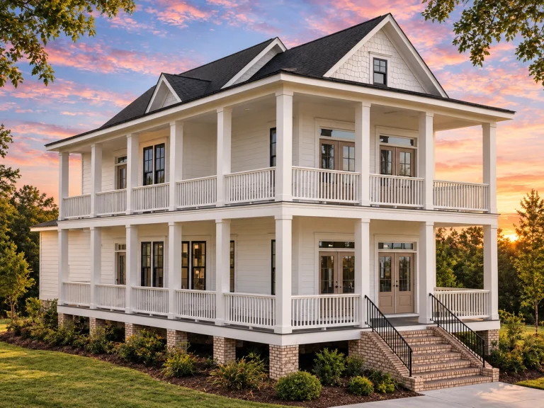 Front view of Charleston and Low Country style home featuring horizontal lap siding, brick foundation, and double wraparound porches