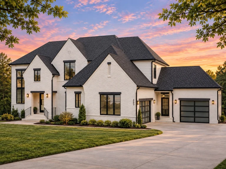 Front elevation of a New American Modern Farmhouse style home featuring painted brick, board and batten siding, steep gables, and a side entry garage