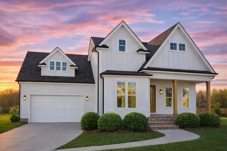 Front elevation of a Modern Farmhouse style home with board and batten siding, gabled rooflines, covered front porch, and attached garage