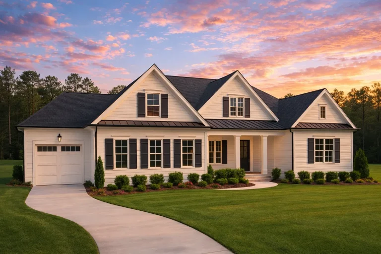 Front elevation of a New American style home with traditional colonial symmetry, horizontal siding, board-and-batten accents, and gabled rooflines