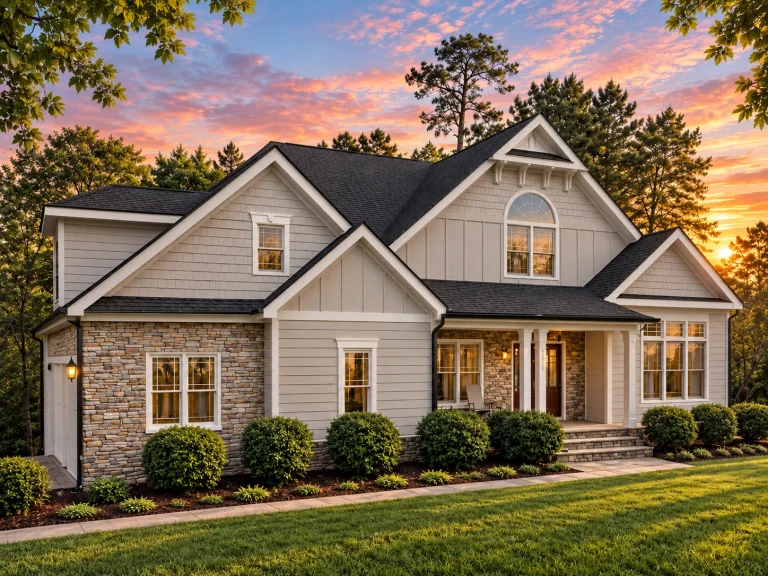 Front elevation of a Traditional Transitional style house featuring gray siding, stone accents, and a welcoming front porch with double garage.