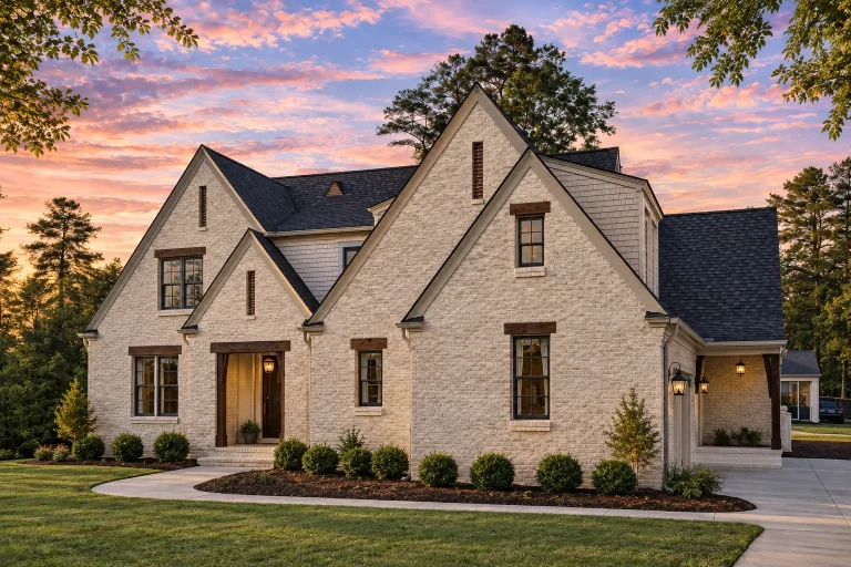 House Plans with Functional Layout 19 Front elevation of a French Country Modern Farmhouse featuring stone accents, board-and-batten siding, steep gables, and a warm, welcoming architectural character