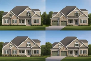 Front elevation of a Traditional Transitional style house featuring gray siding, stone accents, and a welcoming front porch with double garage.