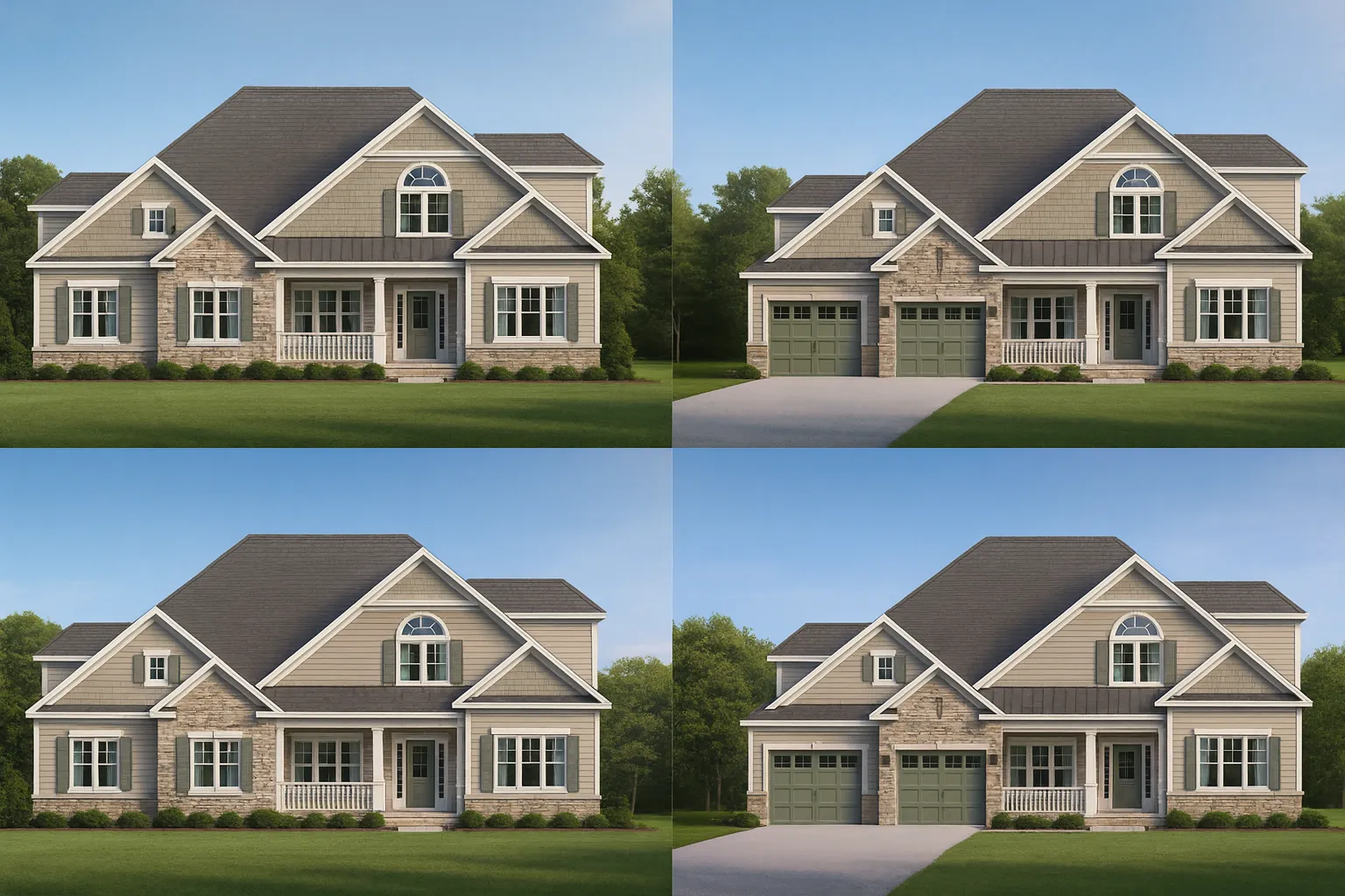 Front elevation of a Traditional Transitional style house featuring gray siding, stone accents, and a welcoming front porch with double garage.