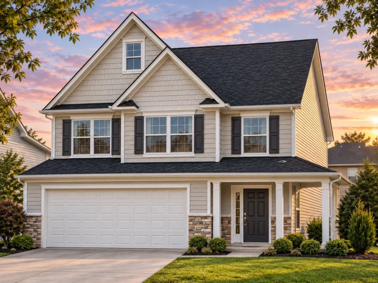 Front exterior of a Neo-Colonial style two-story suburban home with white lap siding, stone accents, black shingle roof, and attached two-car garage