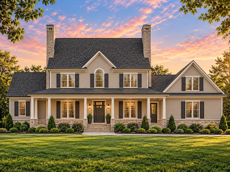 Front elevation of a Traditional Colonial Revival house with white lap siding, symmetrical windows, covered front porch, and twin brick chimneys