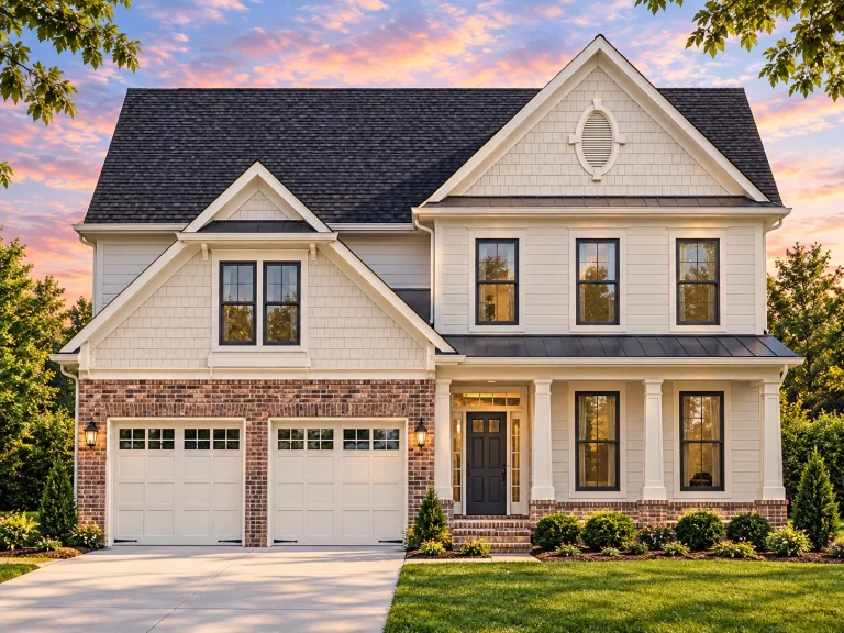 Front elevation of a Traditional Colonial style two-story home with horizontal siding, symmetrical windows, decorative shutters, and attached two-car garage