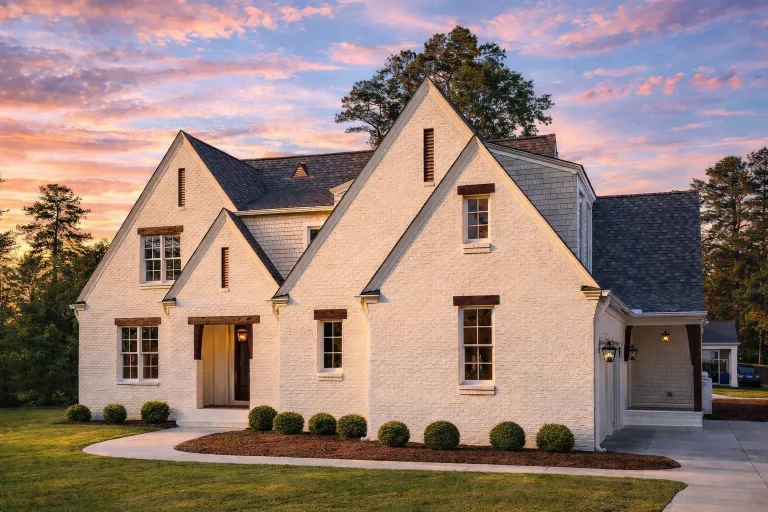 Front elevation of a French Country Modern Farmhouse featuring stone accents, board-and-batten siding, steep gables, and a warm, welcoming architectural character
