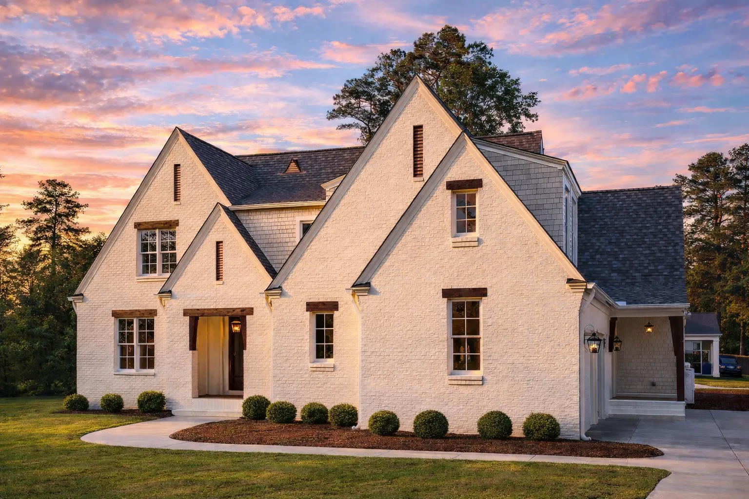 House Plans with Basement 4 Front elevation of a French Country Modern Farmhouse featuring stone accents, board-and-batten siding, steep gables, and a warm, welcoming architectural character