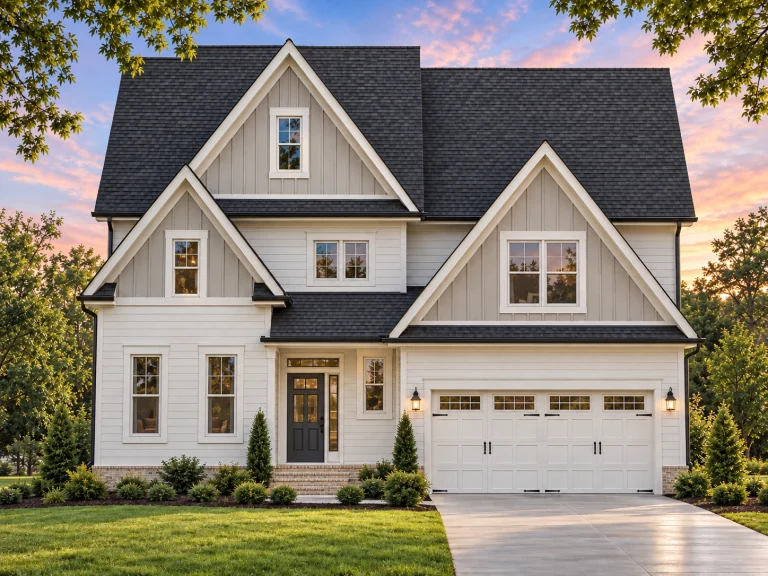 Front view of a Traditional Craftsman style house featuring horizontal siding, shingle accents, and brick wainscoting under a steep gable roof