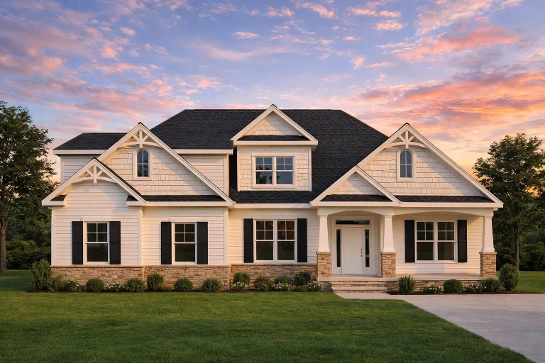 Front elevation of a New American modern traditional house featuring horizontal siding, shake accents, stone porch columns, and a welcoming covered entry