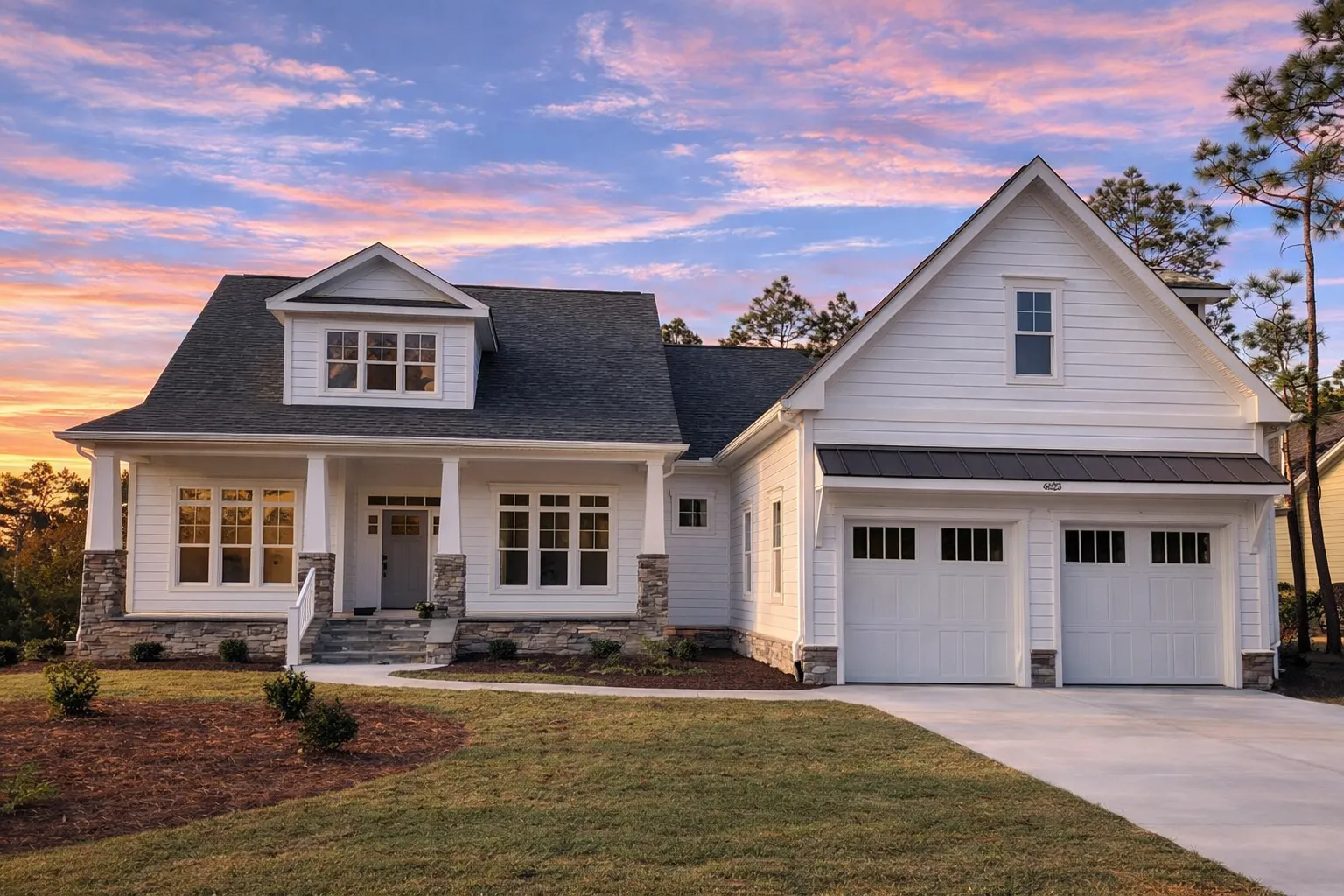 Front view of a Craftsman Modern Farmhouse featuring blue horizontal siding, stone base, white trim, and double garage under a clear sky