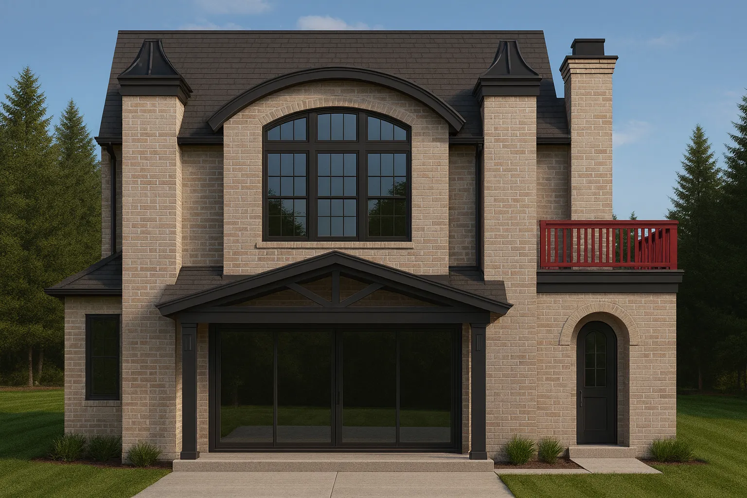 Front elevation of a Transitional Cottage style home featuring stucco siding, brick chimney, black shutters, and metal awning