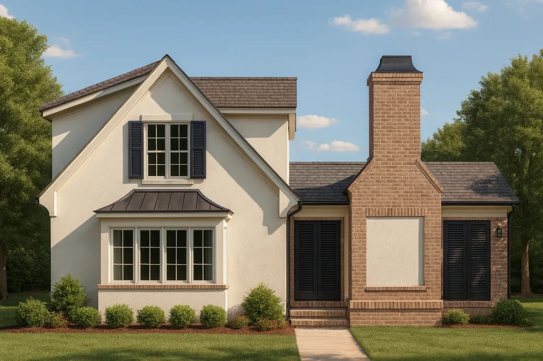Front elevation of a Transitional Cottage style home featuring stucco siding, brick chimney, black shutters, and metal awning