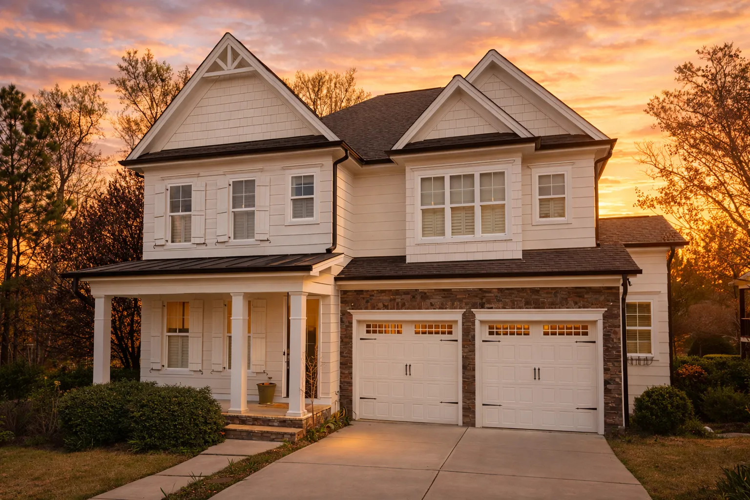 Front elevation of a New American style two-story home with traditional colonial influence, lap siding exterior, covered porch, and double garage