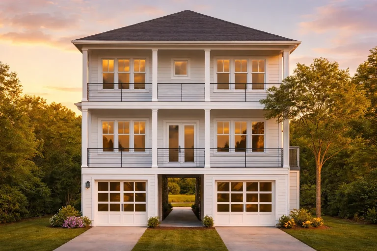 Front elevation of a Low Country coastal style home featuring double stacked porches, symmetrical facade, white siding, and elevated Southern architecture