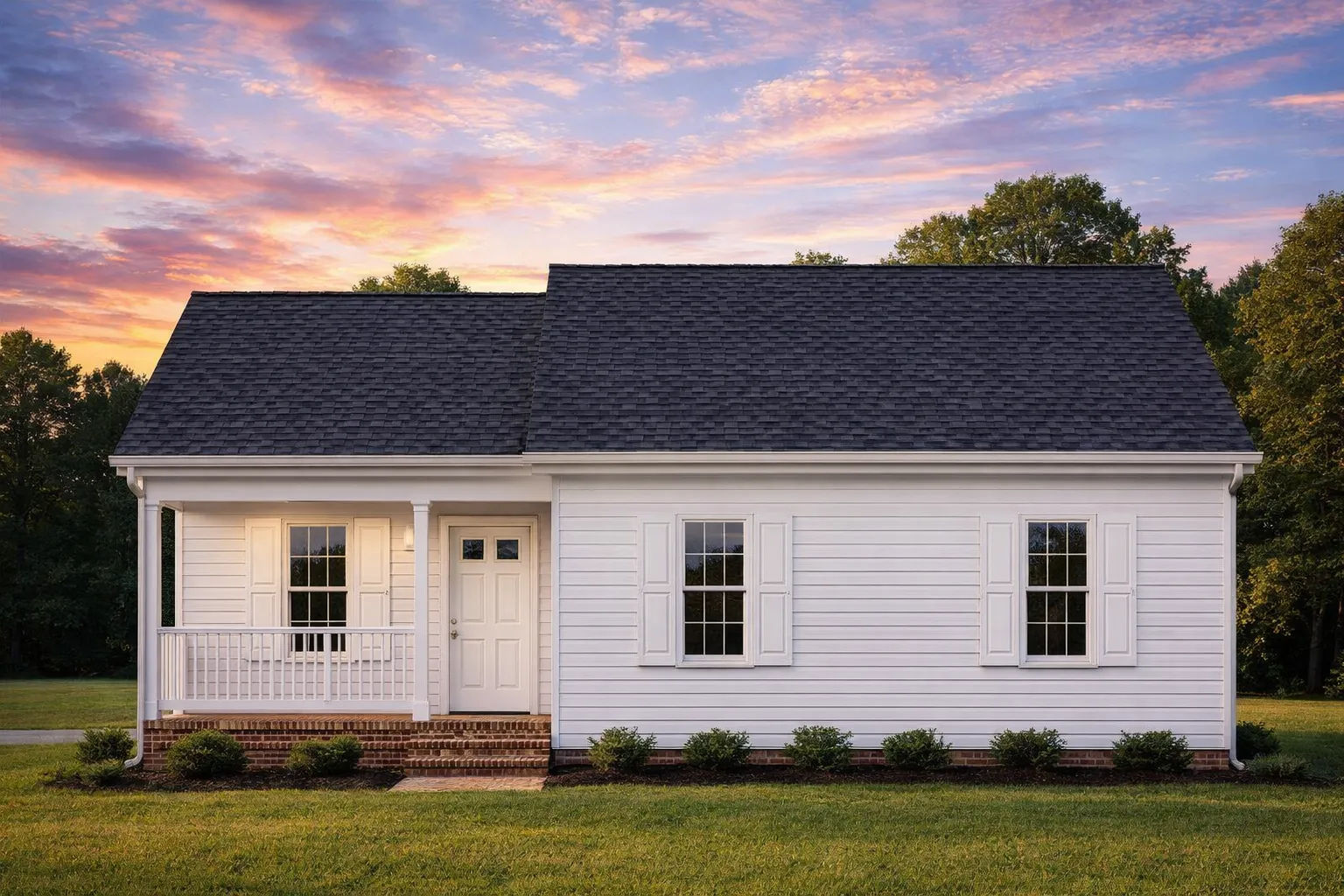 Front elevation of a Traditional Cottage Ranch style home featuring horizontal siding, brick foundation, and a small covered porch entry