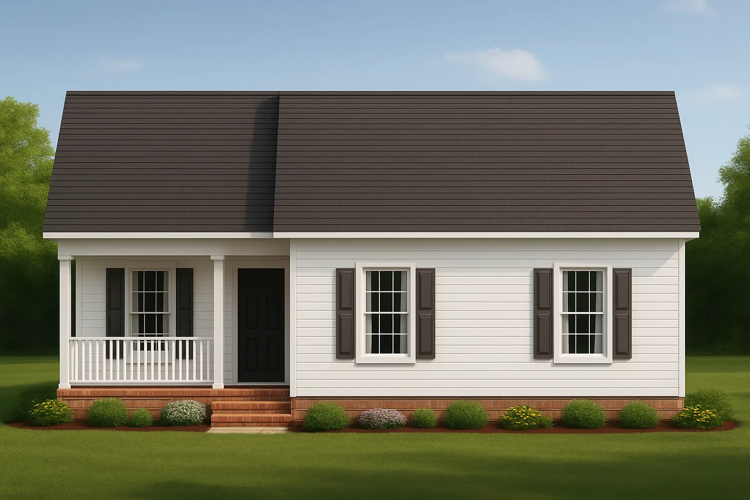 Front elevation of a Traditional Cottage Ranch style home featuring horizontal siding, brick foundation, and a small covered porch entry