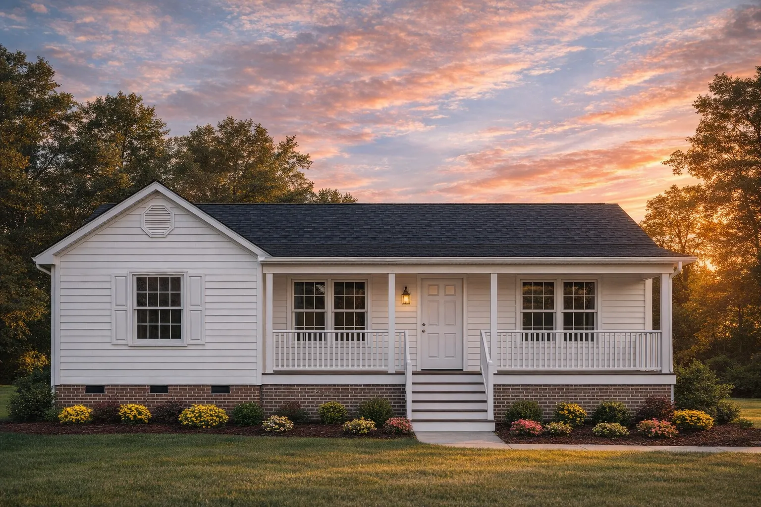 Front view of a Traditional Ranch style house featuring horizontal siding, brick foundation, and a welcoming covered porch with railings