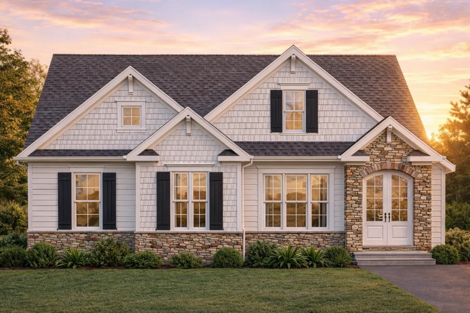 Front view of Traditional Cottage Craftsman home featuring stone and lap siding with gabled rooflines and dark shutters