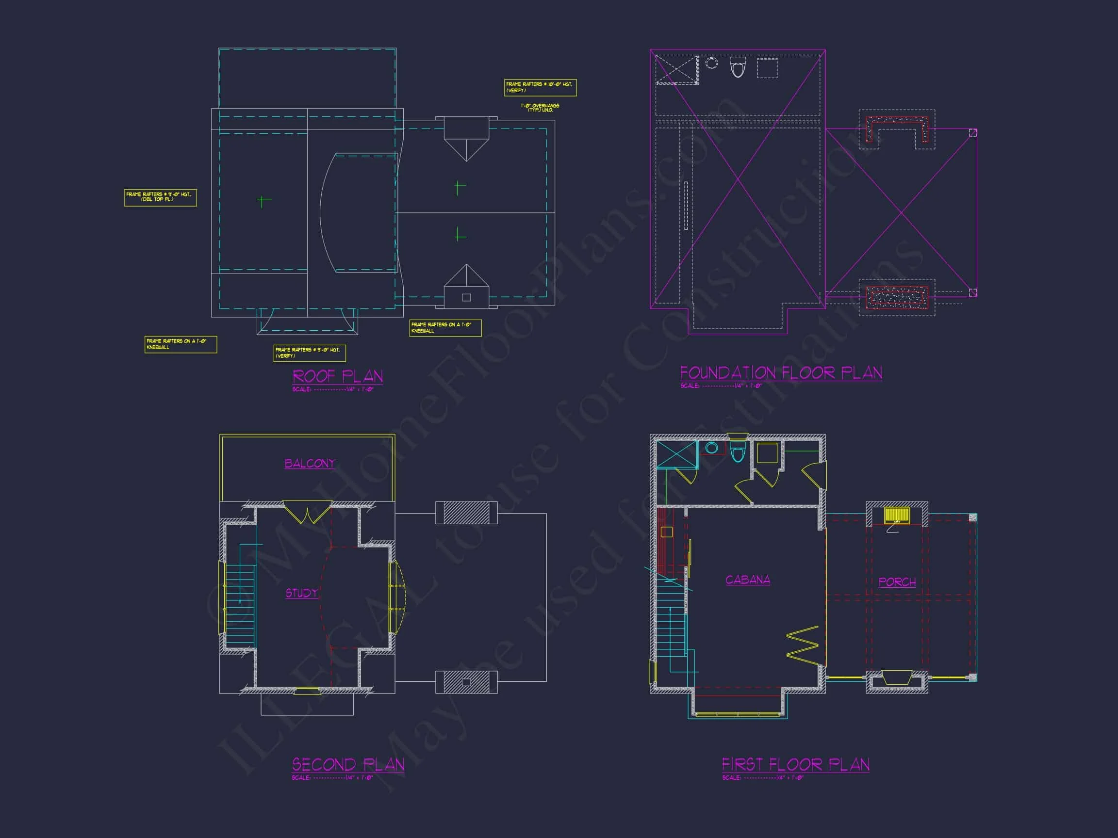 18-1351 POOL HOUSE - MODERN CABANA HOUSE PLAN: ARCHITECTURE & CAD DESIGNS 4 Modern Cabana Home Plan with Balcony, Study & CAD Blueprints