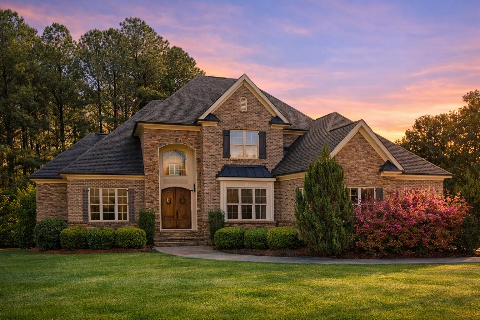 Front elevation of a New American Modern Traditional house featuring stone exterior, symmetrical windows, steep gable rooflines, and refined architectural detailing