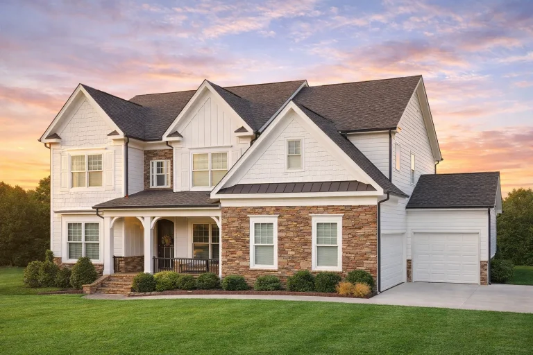 Front elevation of a New American Traditional style home featuring stone accents, horizontal siding, and a symmetrical two-story design