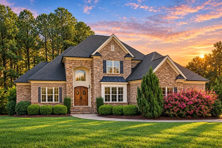 French Country Farmhouse Plans 8 Front elevation of a New American Modern Traditional house featuring stone exterior, symmetrical windows, steep gable rooflines, and refined architectural detailing