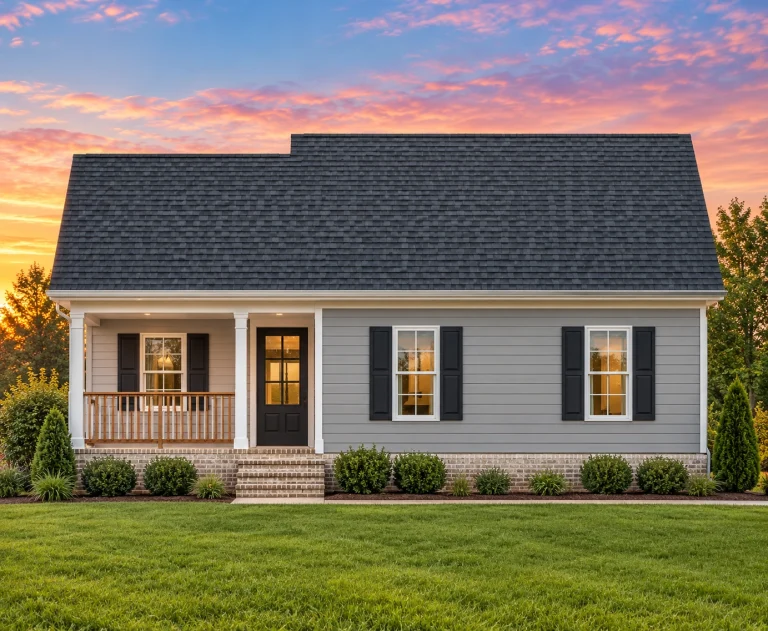 Front elevation of a Traditional Cottage Ranch style home featuring horizontal siding, brick foundation, and a small covered porch entry