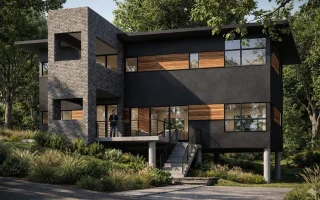 Front view of a modern contemporary two-story home featuring a sleek stucco and stone exterior, flat rooflines, and dark window frames for a stylish urban appeal