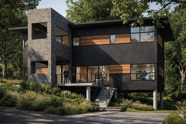 Front view of a modern contemporary two-story home featuring a sleek stucco and stone exterior, flat rooflines, and dark window frames for a stylish urban appeal
