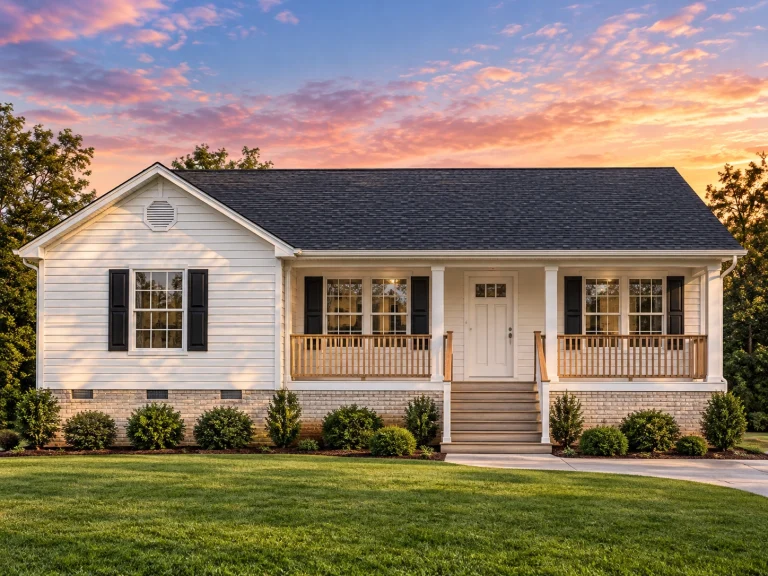 Front view of a Traditional Ranch style house featuring horizontal siding, brick foundation, and a welcoming covered porch with railings