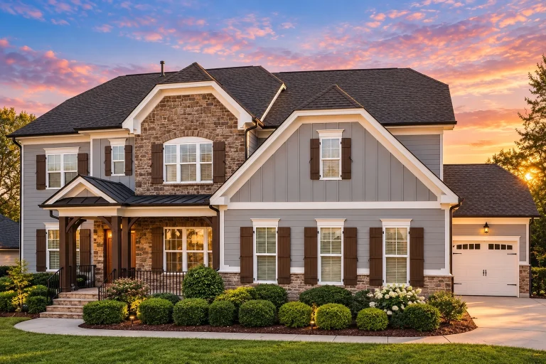 Front elevation of a New American modern traditional house featuring board and batten siding, stone accents, gabled rooflines, and a welcoming covered porch