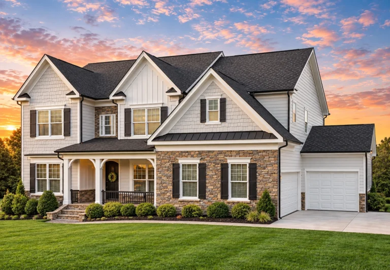 Front elevation of a New American Traditional style home featuring stone accents, horizontal siding, and a symmetrical two-story design
