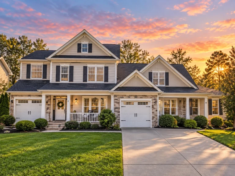 Front view of a Modern Farmhouse and Craftsman style home featuring board and batten siding, stone accents, and triple garage design