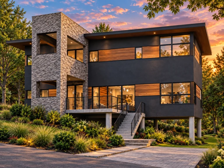 Front view of a modern contemporary two-story home featuring a sleek stucco and stone exterior, flat rooflines, and dark window frames for a stylish urban appeal