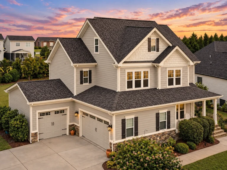 Front elevation of a Coastal Farmhouse style house featuring board and batten siding, shingle accents, covered porch, and symmetrical New American design