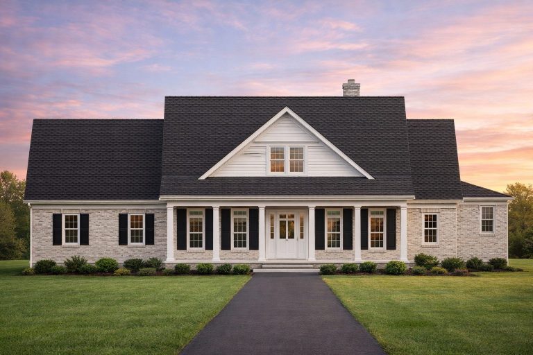 Front view of a classic farmhouse featuring a wide front porch, gable roof, and symmetrical windows surrounded by green lawn and trees.