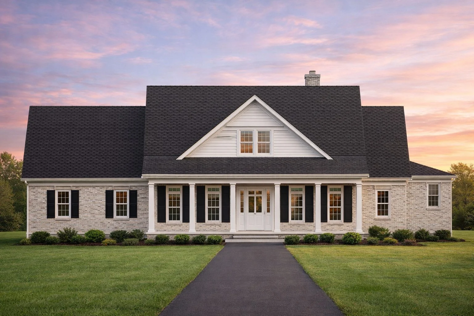 House Plans 23 Front view of a classic farmhouse featuring a wide front porch, gable roof, and symmetrical windows surrounded by green lawn and trees.