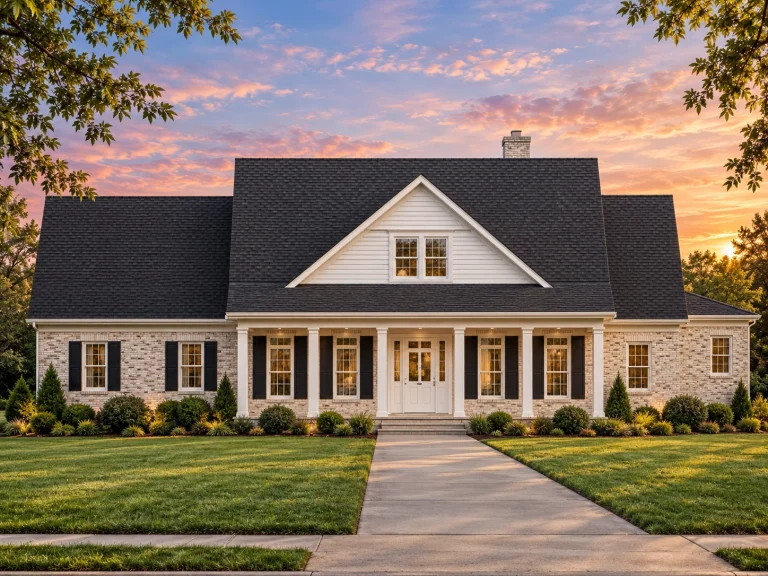 Front view of a classic farmhouse featuring a wide front porch, gable roof, and symmetrical windows surrounded by green lawn and trees.