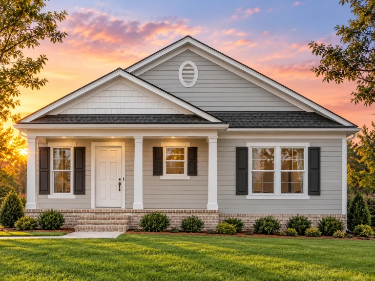 Front elevation of a Traditional Suburban Cottage style home featuring horizontal siding, brick foundation, symmetrical windows, and a welcoming covered entry