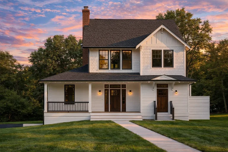 Georgian House Plans 20 Front elevation of a Traditional Craftsman style home with horizontal siding, covered porch, and symmetrical cottage-inspired façade