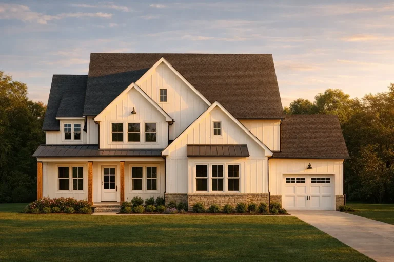 Front elevation of a modern farmhouse style home featuring white board and batten siding, stone foundation accents, metal awnings, and an attached garage