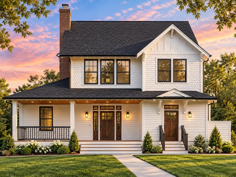 Front elevation of a Traditional Craftsman style home with horizontal siding, covered porch, and symmetrical cottage-inspired façade