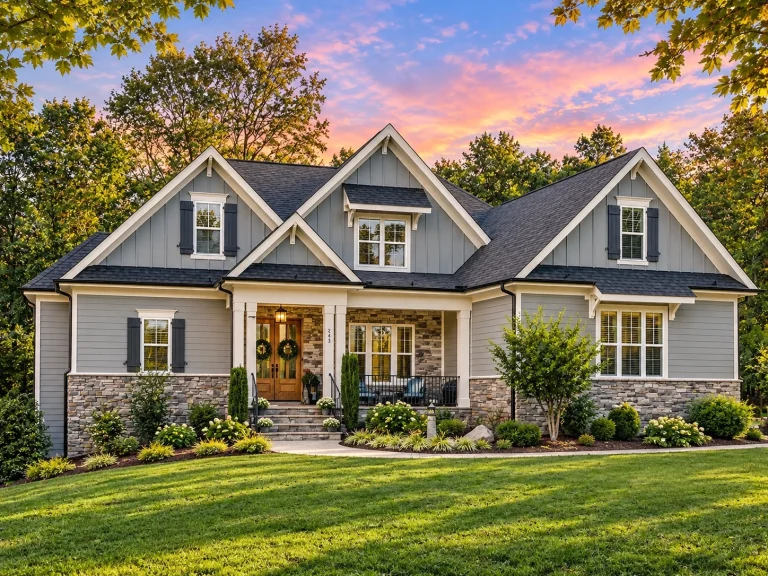 Modern Suburban House Plans 15 Front exterior view of a New American Modern Traditional style home featuring horizontal siding, stone accents, gabled rooflines, and covered front porch